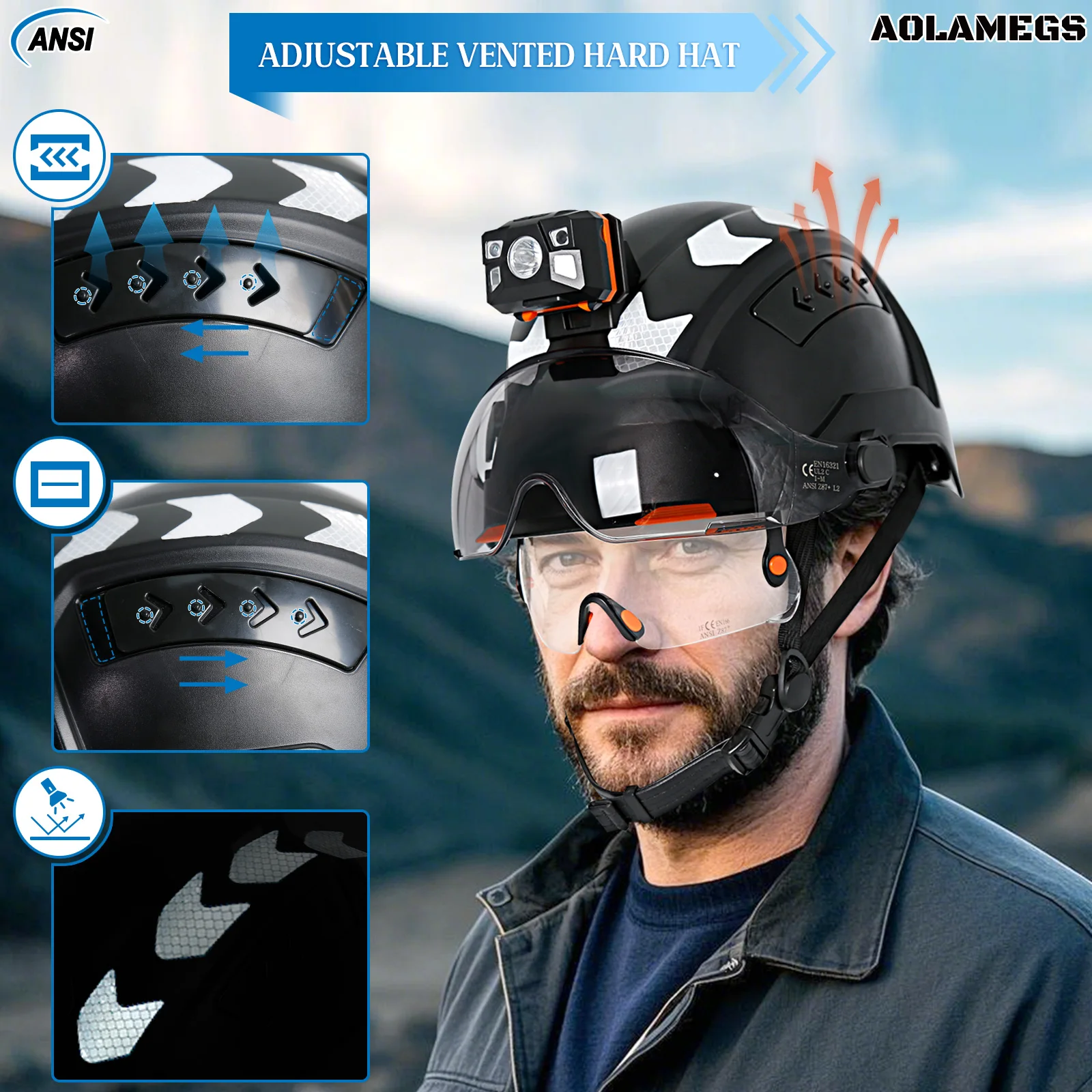 CE Construction Safety Helmet with Head Lamp Double Goggles Reflective Stickers ANSI Hard Hat Industrial Work Head Protection