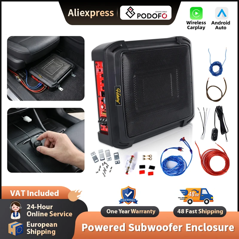 Podofo 1000W Auto-Subwoofer, aktiver Subwoofer unter dem Sitz, Auto-Audio-Verstärker, schlanker aktiver Subwoofer-Lautsprecher für Vans, Jeeps