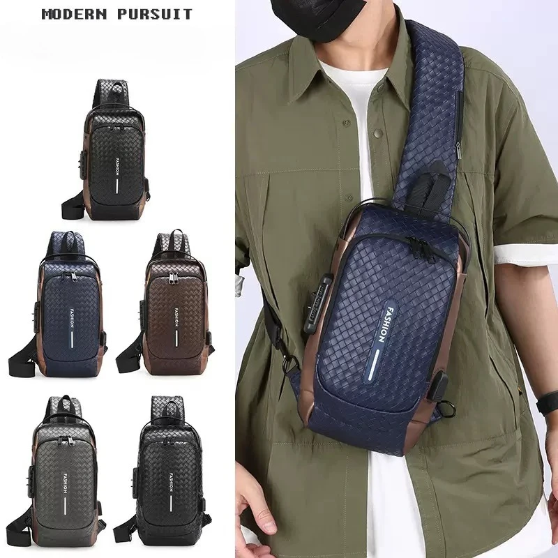 

Men Fashion Chest Bag Anti-theft Tape Bag Portable Backpack with USB Charging Port Male PU Shoulder Outdoor Sports Crossbody Bag