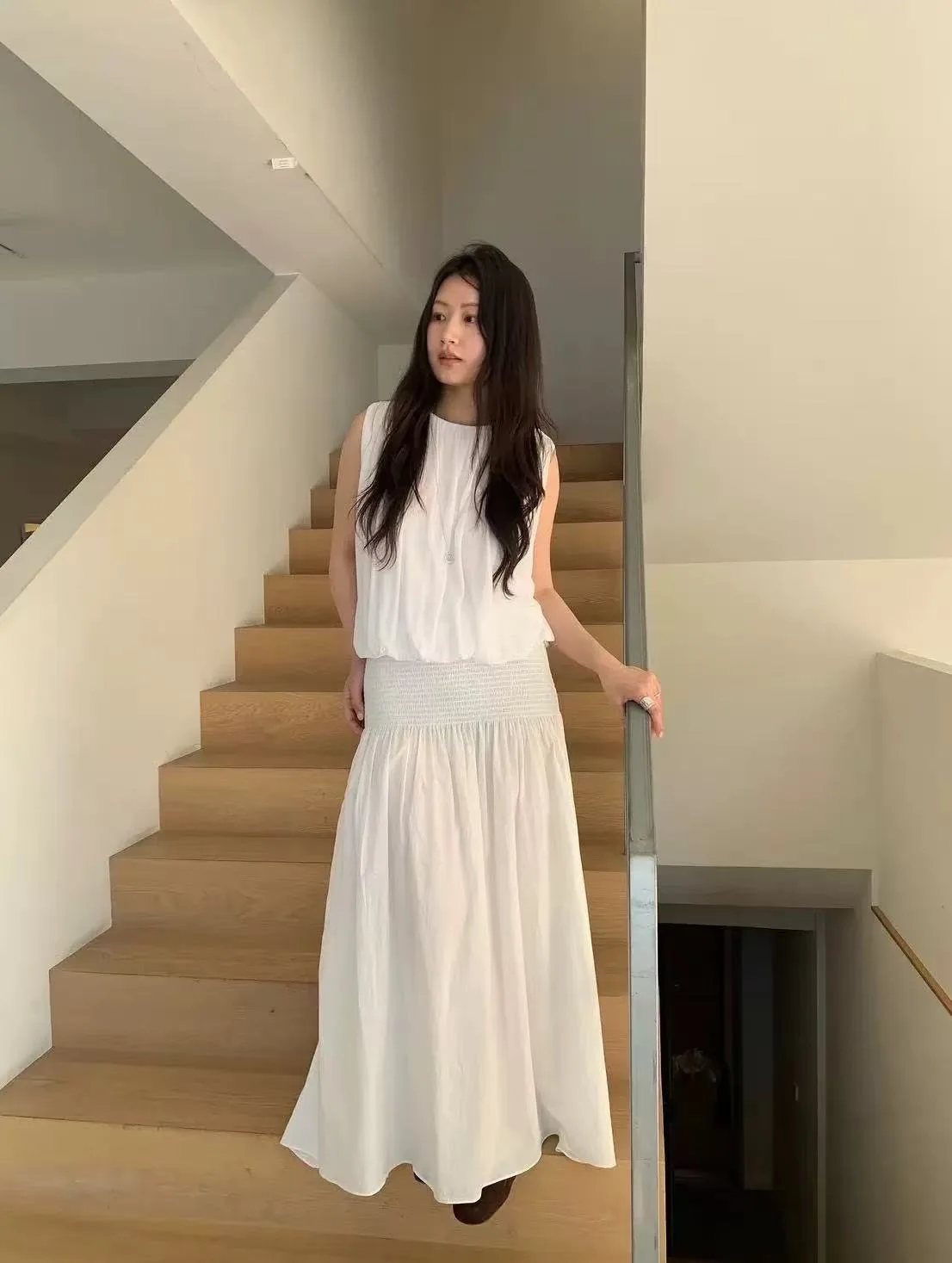 Elegant  Sleeveless Top with Waist Pleats High Waist A-Line Skirt for Women Commute Style Summer Cotton Woven Fabric
