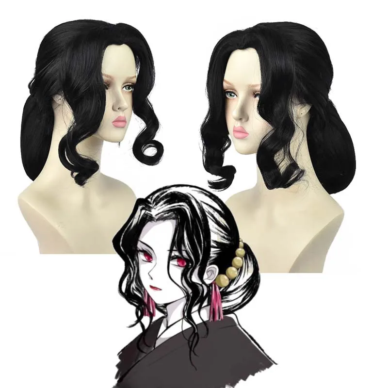 Anime Muzan Kibutsuji Cosplay Wig Black Bun Style Heat Resistant Synthetic Fiber Hair With Rose Net Scalp top wig Anime Cos Wig
