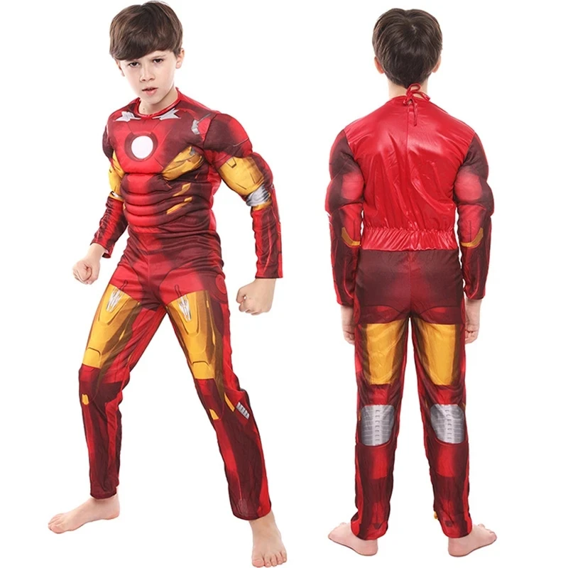 Bambini Iron Man Muscle Costume Superhero Iron Man Costume Cosplay tuta maschera guanti Halloween compleanno body per regali ragazzo