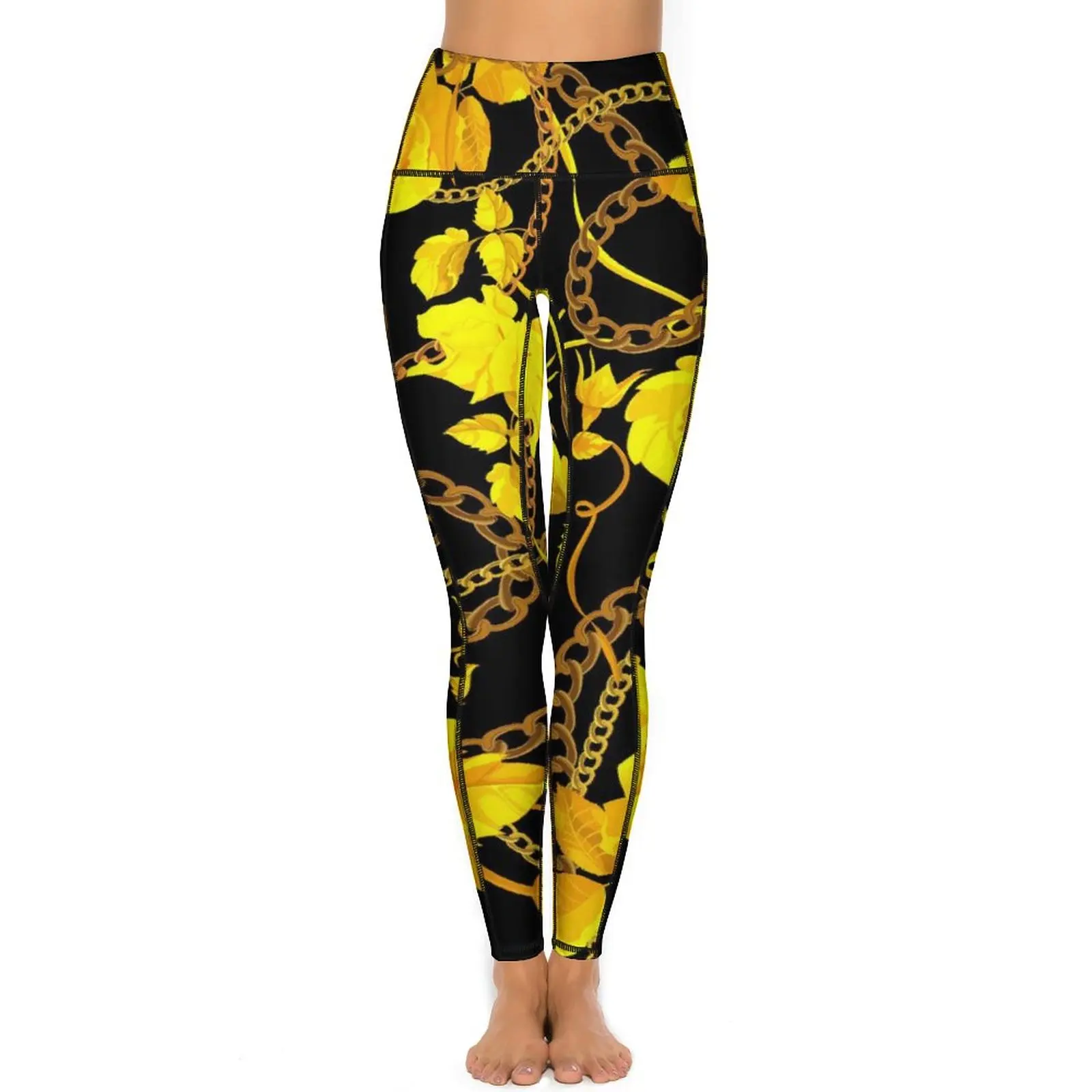 Gold Chain Yoga Pants Sexy Floral Print Pattern Leggings Push Up Fitness Running Leggins Female Cute Stretch Sports Tights