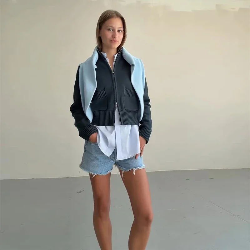 Damenmäntel mit Stehkragen, Doppelreißverschluss, kurzer Strickcardigan, Herbst, Damen, lange Ärmel, Taschen, einfarbig, schlanke Strickwaren, neue Oberteile – Detail 4