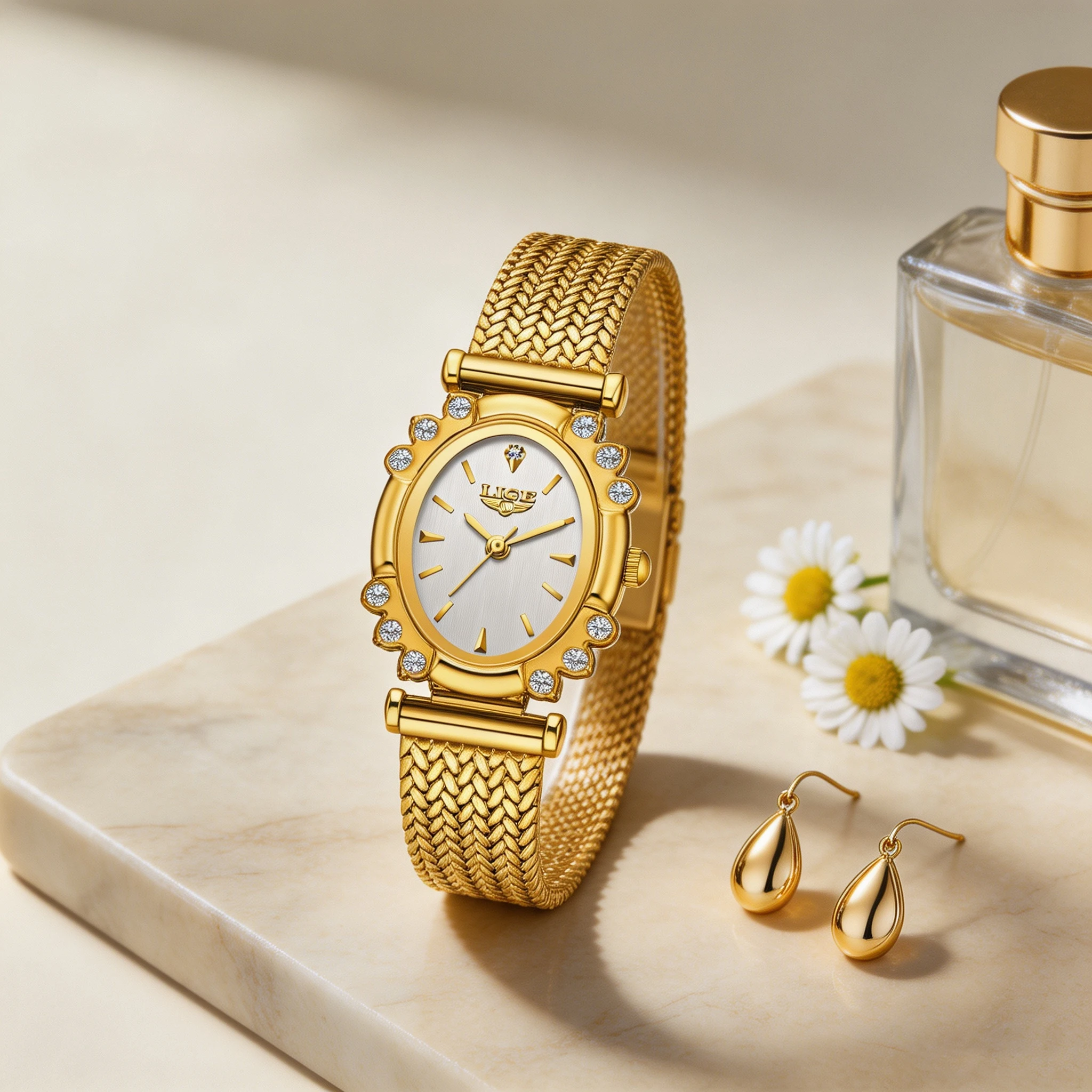 LIGE Original Brand Watch For Woman Oval Gold Mesh Strap Vintage Watch Women Ladies Quartz Watches Luxury Birthday Gifts Women