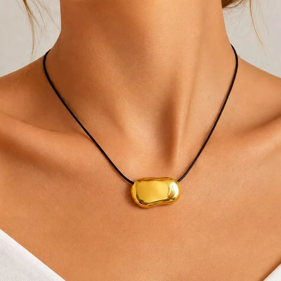 Minimalist Gold Color Irregular Pendant Necklace for Women, Mirror Finish Geometric Leather Cord Chain Statement Jewelry Gift