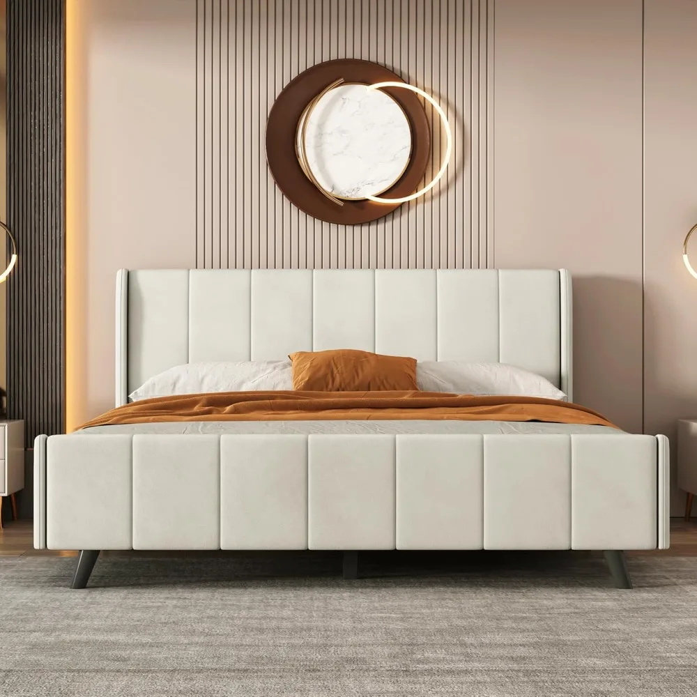 

Queen Size Upholstered Platform Bed, Velvet Upholstered Platform Bed Frames with Headboard, No Box Spring Needed, Beige