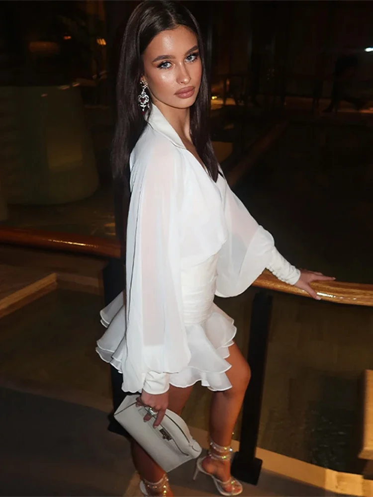 New Lantern Sleeve Shirt Top Skirt Two Piece Set Backless Cut Out Ruffled Pleated Mesh Cinched Waist V-Neck Blouse Fluffy Skirts