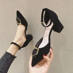 Small size 31 32 33 single shoe women's thick heel shoes high heels 5 straight buckle toe cap big size sandals women 41-43