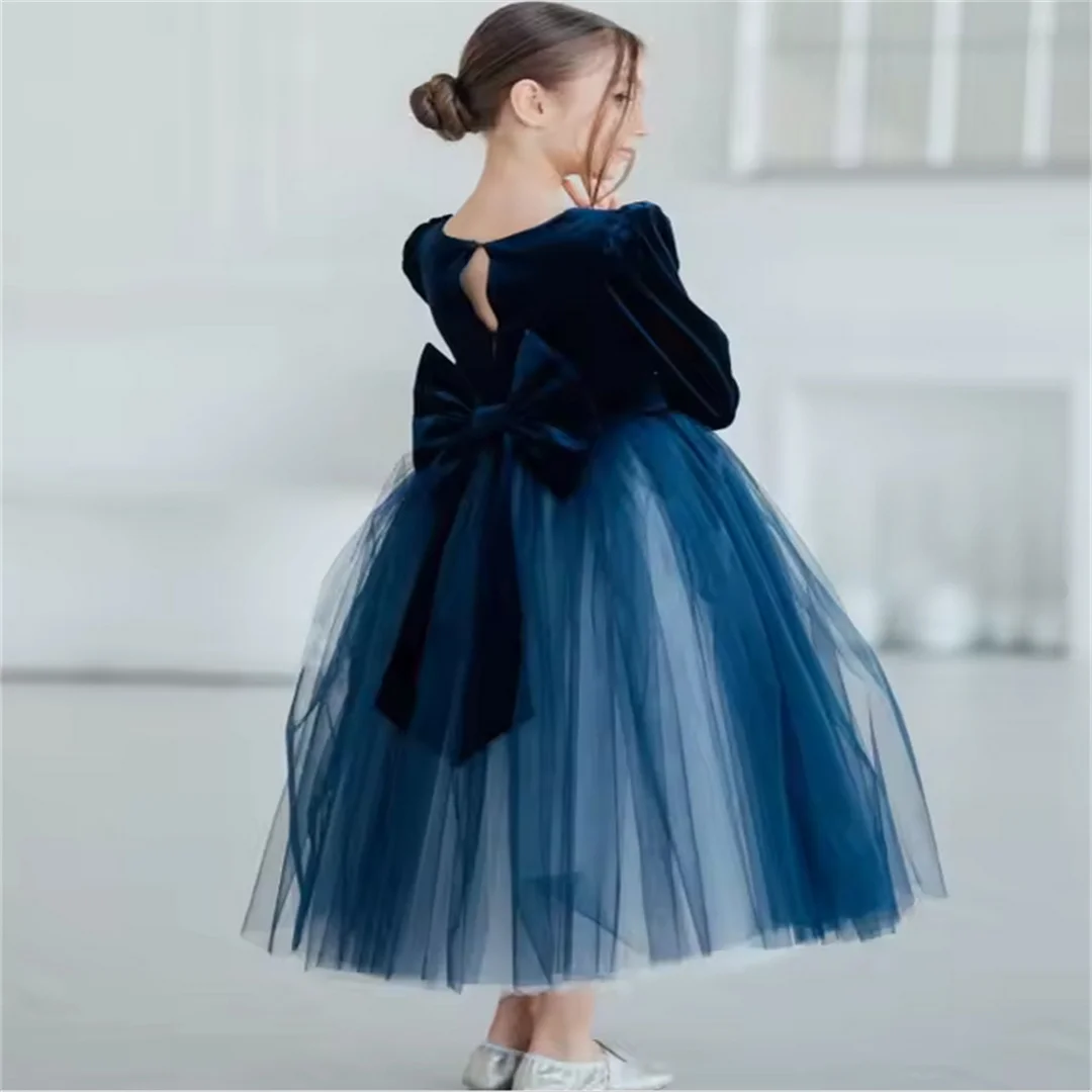 Customized Navy Blue Flower Girl Dresses Tulle Velvet With Bow Long Sleeve For Wedding Birthday Prom Banquet Princess