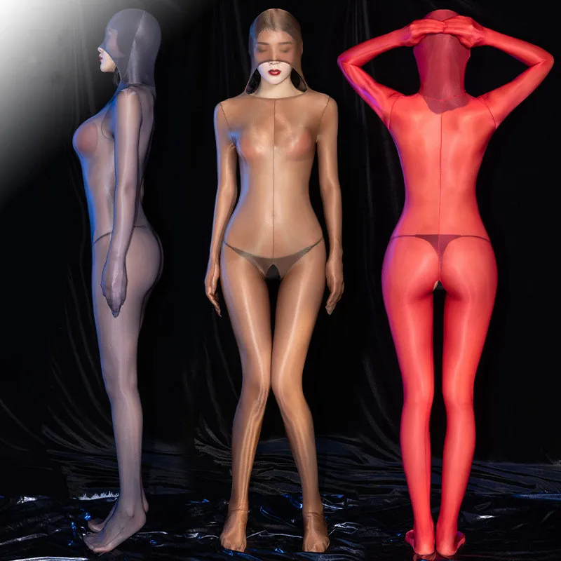 Sexy Women Shiny Crotchless Bodysuit Sheer Open Crotch Erotic Tights Oil Glossy Jumpsuit One-piece Body Stockings Leotard