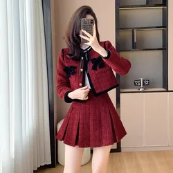 UNXX Autumn/winter Small Fragrance Style Short Bow Tweed Skirt Suits Retro Sweet Velvet Stitching Suit Overskirt Two-piece Sets