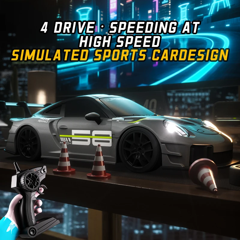1 voiture à dérive télécommandée, voiture de course à grande vitesse équipée de pneus à dérive, barrières routière et lumières LED, accélérateur à grande échelle