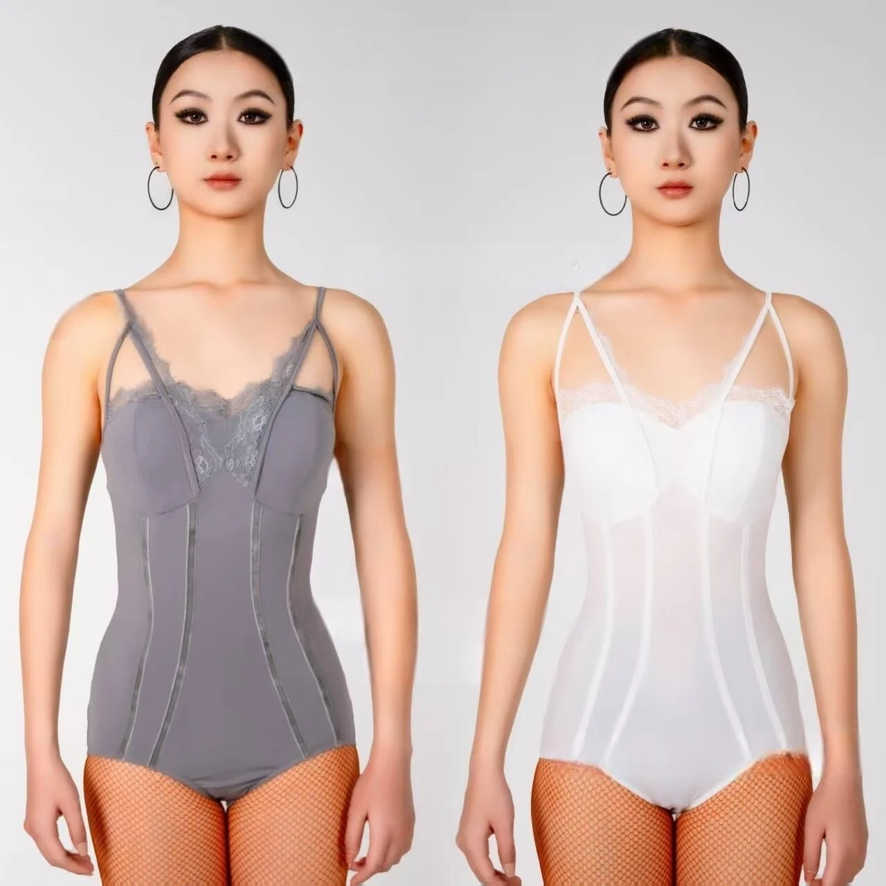 

Gray White Latin Dance Tops Women Suspender Lace Leotards Adult Rumba Samba Ballroom Dance Practice Training Dancewear DNV23608