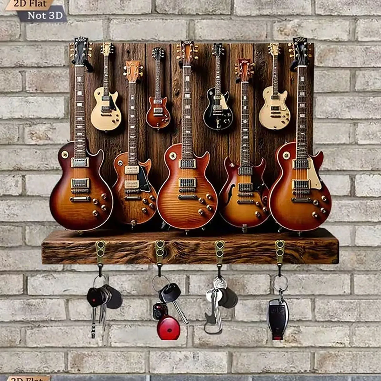 Porte-clés Guitare Électrique Vintage 2D, Support Mural en Bois à 4 Crochets, Porte-clés Imprimé Les Paul pour Musiciens