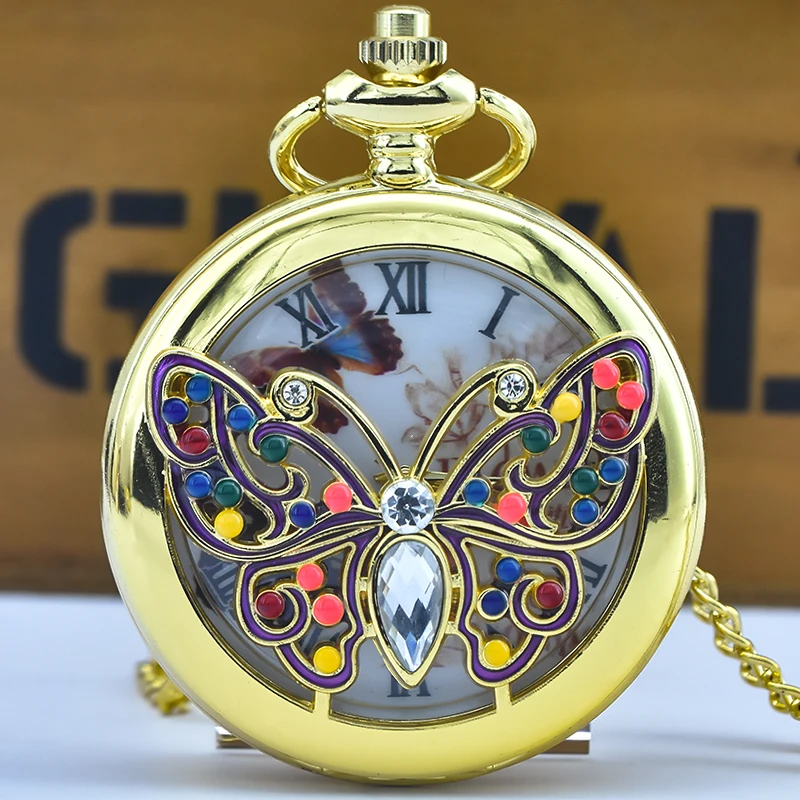 الرجعية البرونزية Steampunk فراشة جوفاء التدريجي محفورة ساعة جيب كوارتز قلادة قلادة ساعة سلسلة الرجال والنساء سلسلة هدية