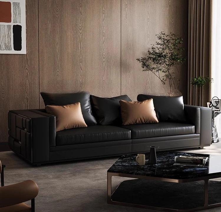 

Italian leather sofa first layer cowhide living room straight row high-end designer modern light luxury sofa