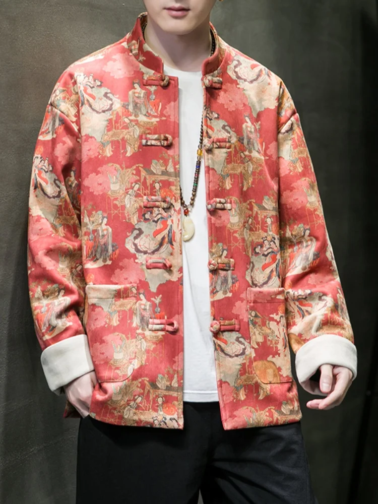 

Новая мужская куртка в китайском стиле для среднего возраста, из замши с принтом, весенне-осенняя, свободного кроя, с пуговицами, дышащая