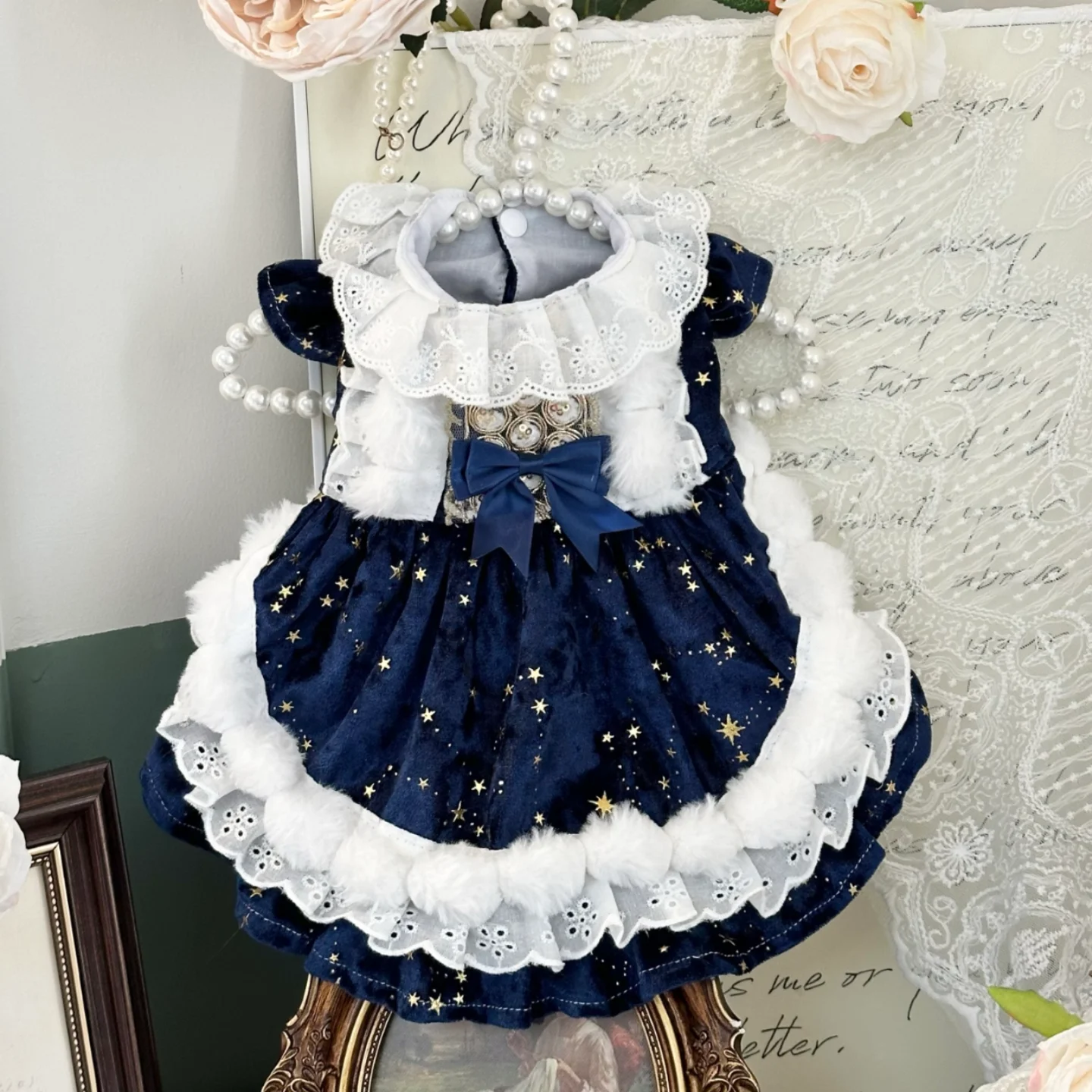 

Pet clothes Christmas pet gown blue velvet stars lace trim soft warm autumn winter outdoor costume for cat velvet princess dress