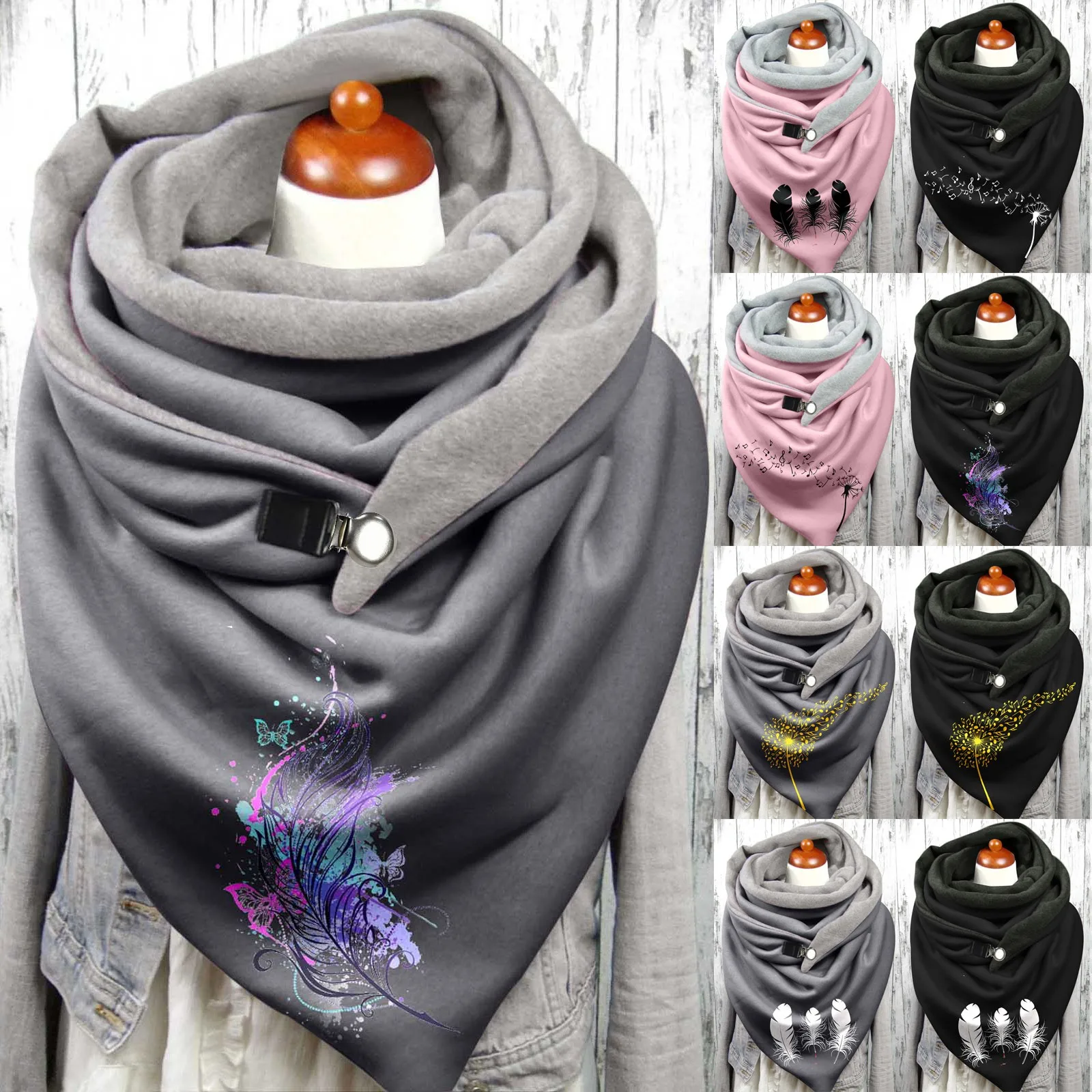 Scarf for Women Hijab Designer Bandana Fashion Feather Print Winter Women Button Scarf Soft Wraps Casual Warm Scarves Shawls