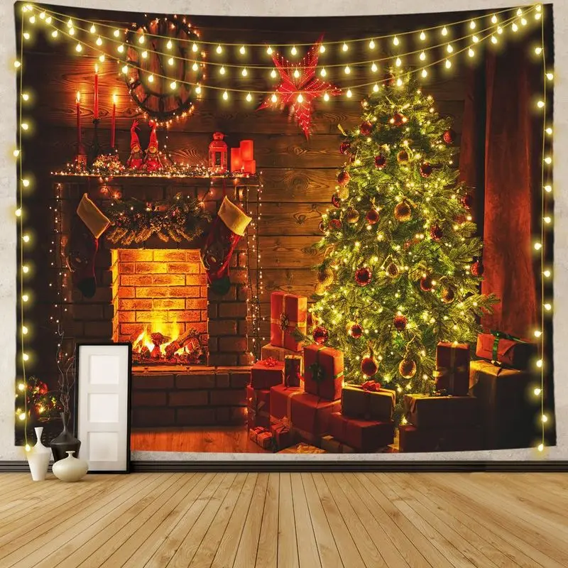 VIKAMA Christmas Fireplace Scene Wall Tapestry Xmas Stocking Gift Wall Hanging Backdrop for Holiday Home Decoration