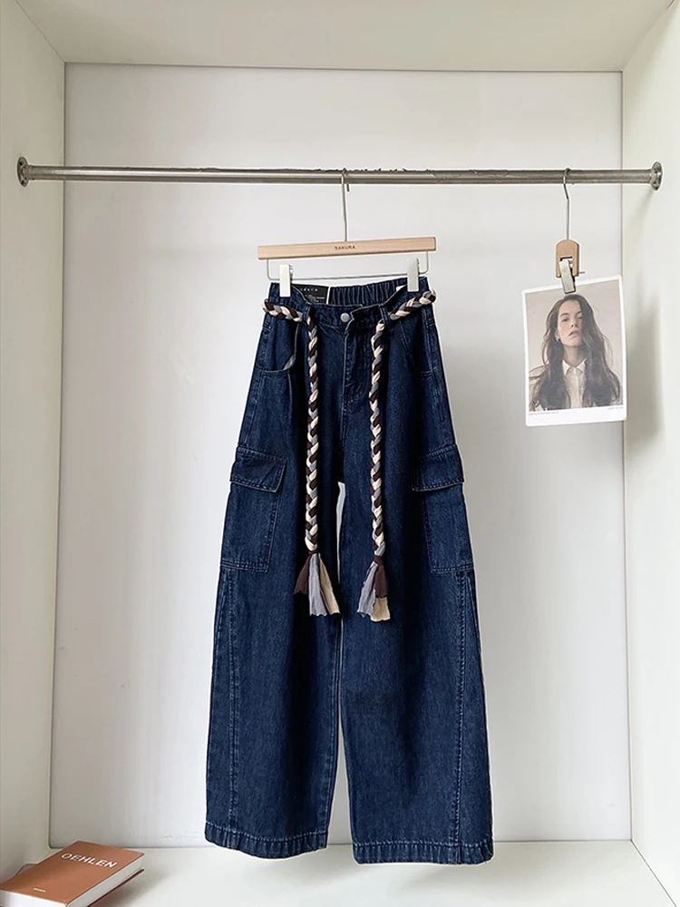 

2025 summer new Korean retro hanging high waisted curved knife denim work pants women's fashion ins versatile pants