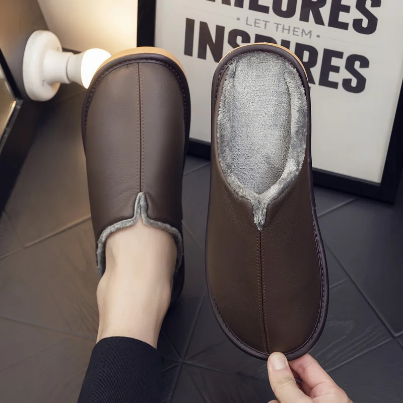 Winter Leather Slipper for Men Indoor Blue Bedroom Slippers Woman Concise Slides Faux Fur Mules Home Unisex Slipper Padded Warm