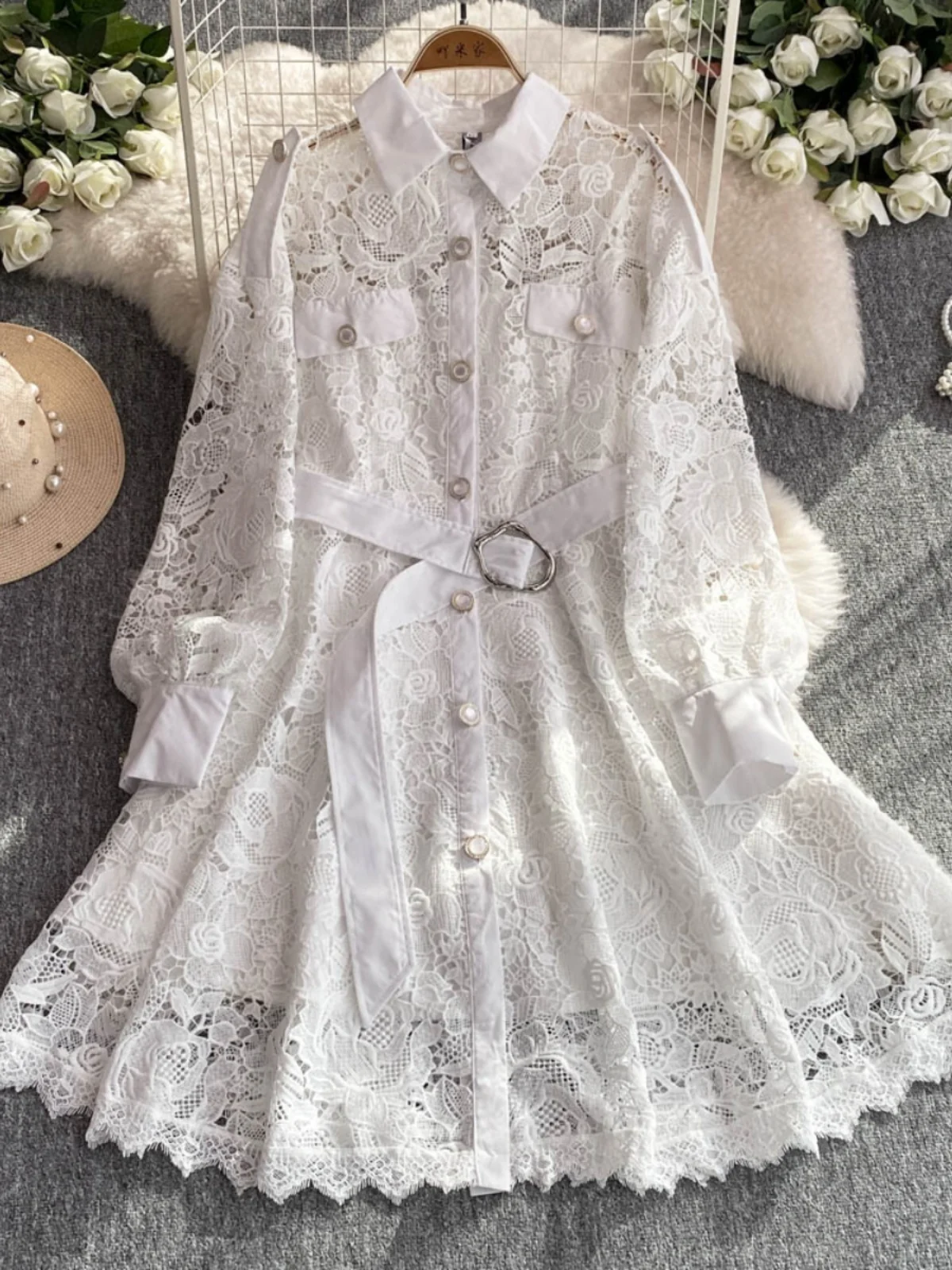 Summer Autumn Flower Embroidery Long Sleeve Short Evening White Lace Dress For Women Vintage Single Breasted Beading Party Robe