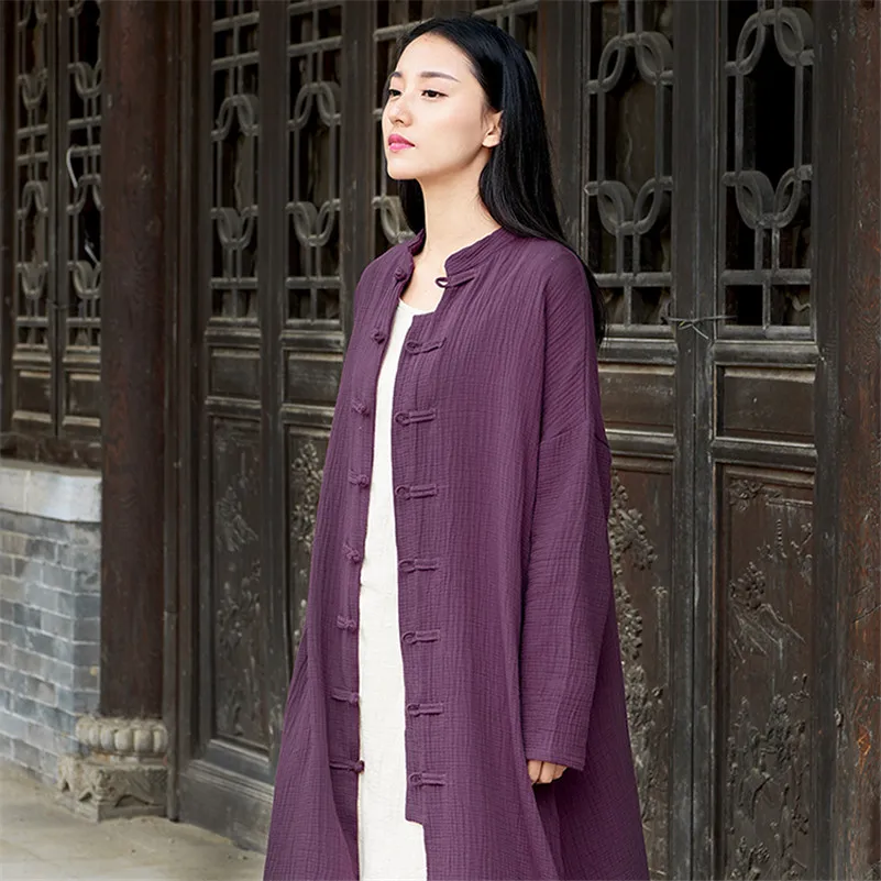 High Quality Women Cotton Thin Cardigan Chinese Style Button Stand Collar Dress Female Solid Dress Vestidos