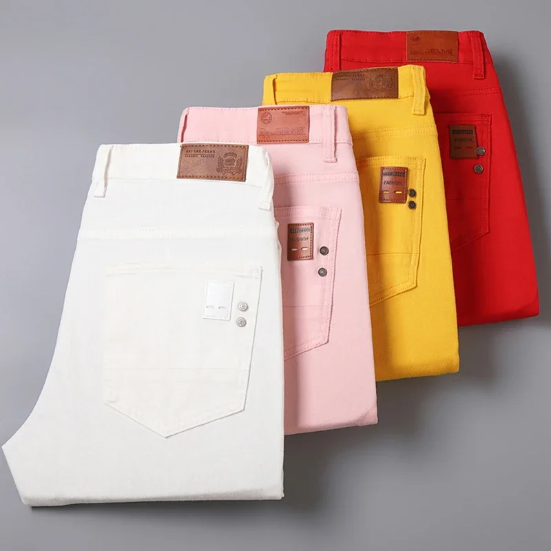 White Yellow Pink Red Fashion 5 Color Fashion Men's Stretch Jeans Slim Streetwear Korean Business Straight Casual Denim Trousers