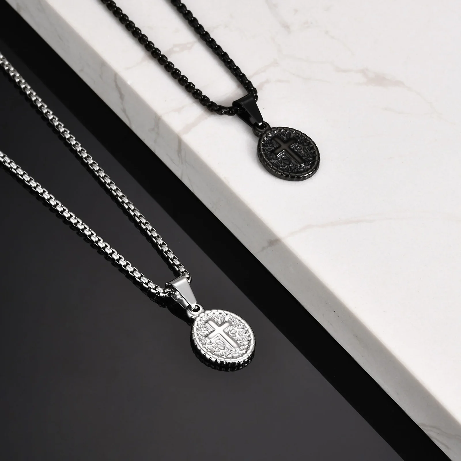 Vintage Cross Charm Necklace for Men Boys,Stainless Steel  Oval Pendant,Religious Faith Prayer Jewelry Gift