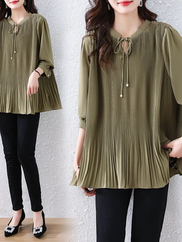 เสื้อผ้าพลัสไซส์ทรงหลวมสไตล์สปริงแฟชั่นสีพื้นจีบระบายสำหรับผู้หญิงพลัสไซส์ใส่ทำงาน