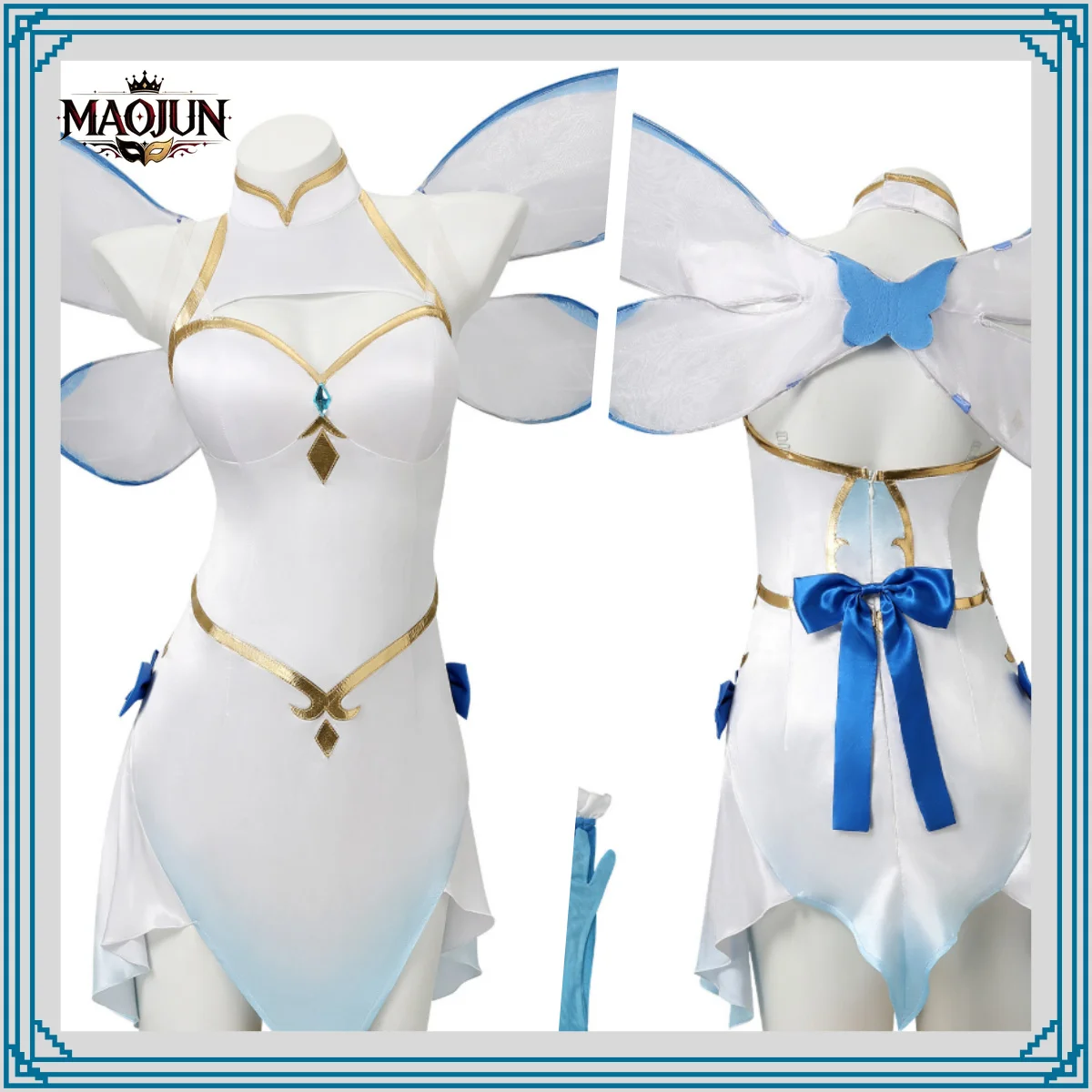 Re:Zero‑Starting Life in Another World Rem Cosplay Costume Gradient White‑Blue Satin Dress Transparent Fairy Wing Accessories