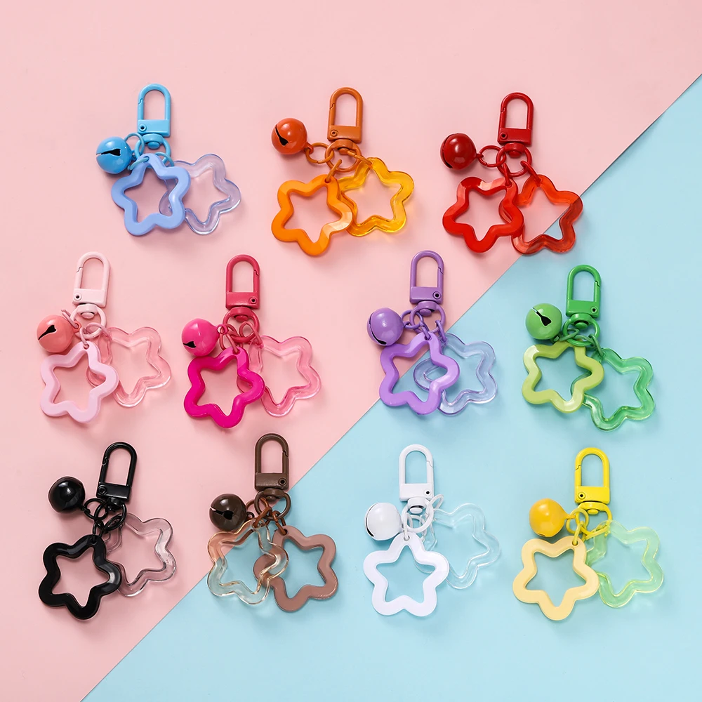 Five-pointed Star Bell Pendant Keychain Elegant Candy Color Bag Keyring Jewelry For Women Girl Car Hanging Trinket Key Holder