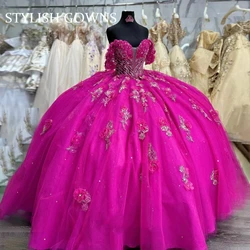 Fuchsia 3D Flower Quinceanera Dresses Ball Gown Bead Appliques 2024 Birthday Luxury Dress Bow Special Occasion Gown Customized