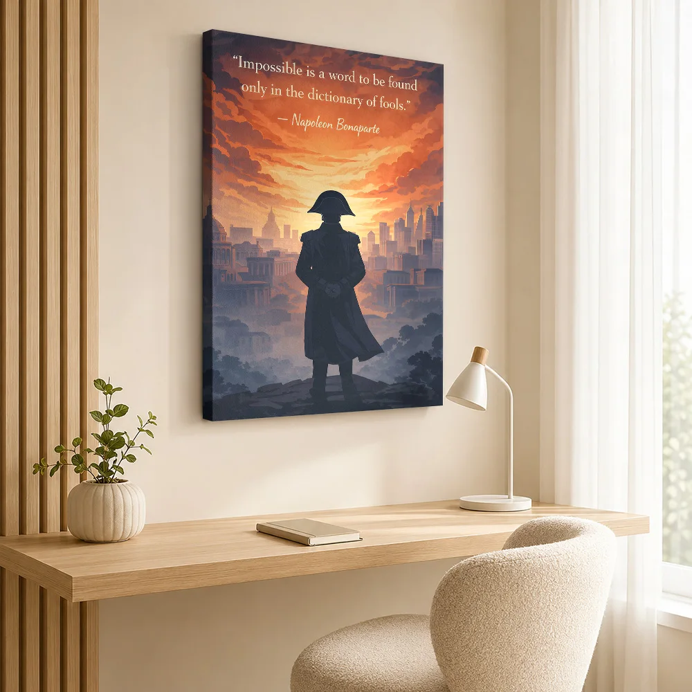 Napoleon Impossible Philosophy Quote Wood Framed Canvas Print Personalized Photo Warm Historical Illustration Wall Art For Study