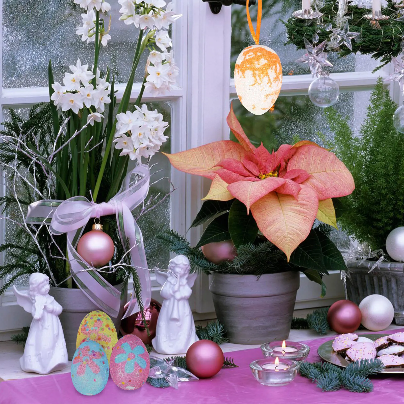 

24Pcs Easter Decorative Foam Colorful Eggs Handmade Party Hanging Decorations DIY Egg Pendant Holiday Supplies