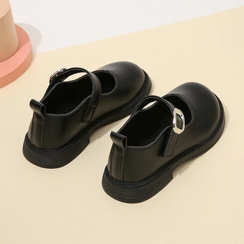 Kids Girls Black Uniform School Shoes Versatile Casual Buckle Simple 2023 Spring Children Round-toe Matter Loafers New Non-slip