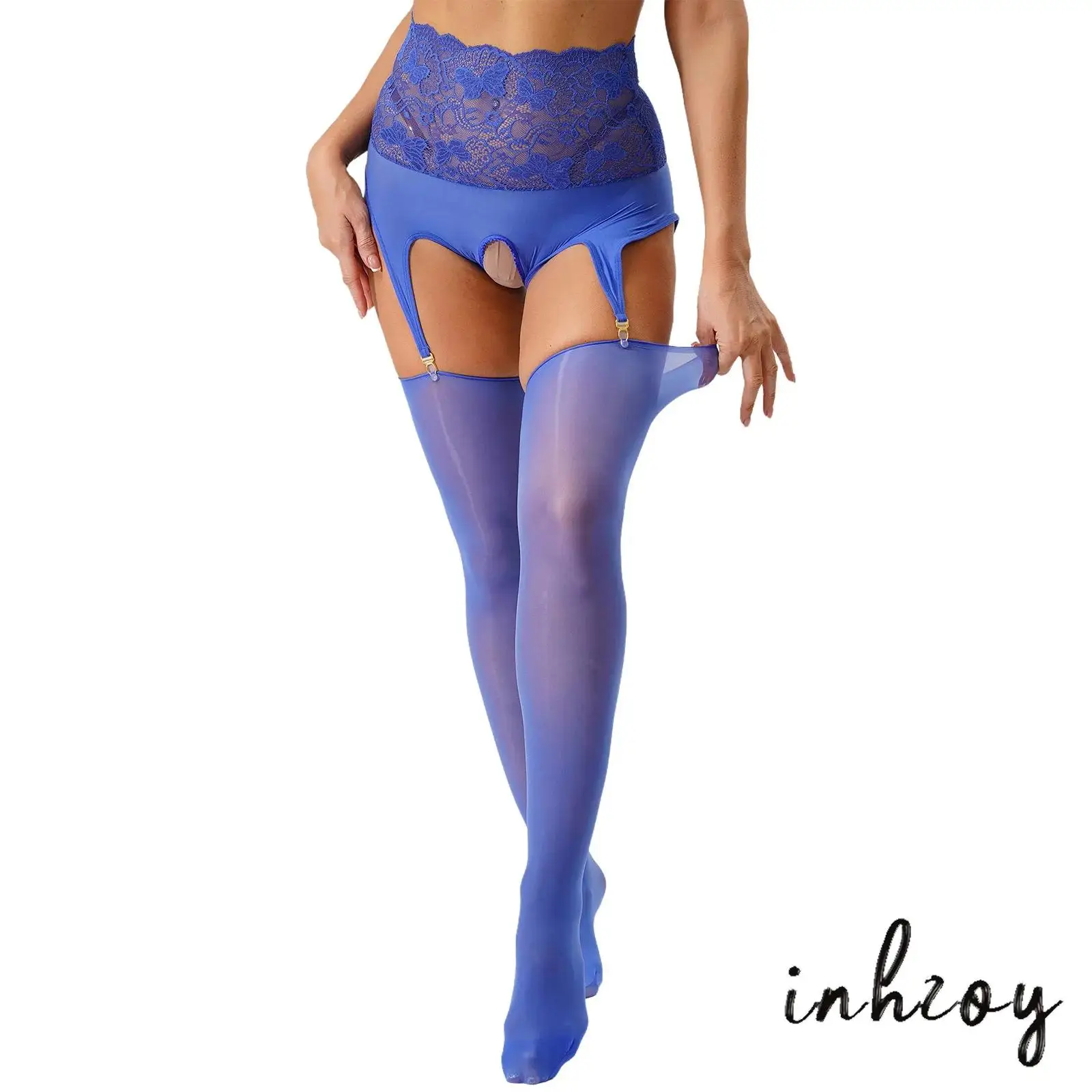 

Women Seductive Sheer Body Stockings High Waist Lace Trim Garter Belt System with Stockings Glossy Tights for Lingerie Set