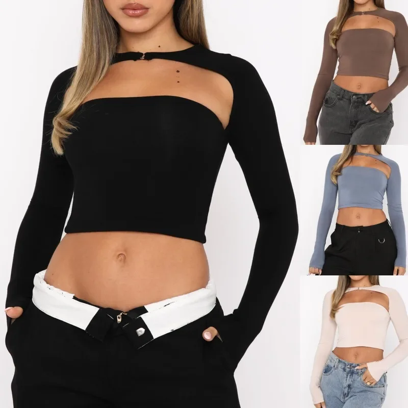 Women's Long Sleeved Hollow Short Top Casual and Fashionable Solid Color Backless Slim Fit Short Base Aesthetic T-shirt YDL45