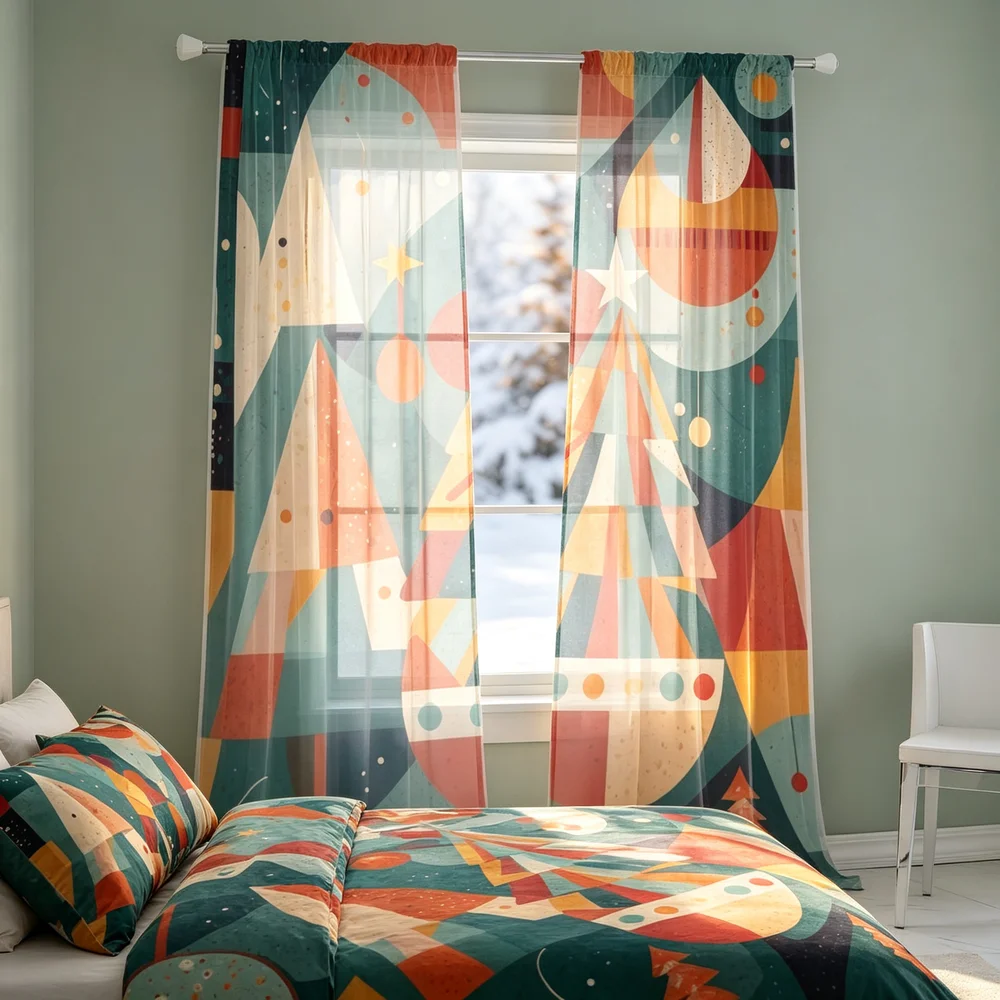 2PCS Christmas Curtains, Geometric Color Block Trees Print, Bedroom Living Room Window Drapes, Rod Pocket Polyester, Home Decor