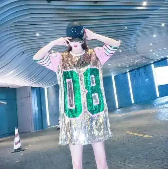 #0202 Summer Harajuku Baseball T Shirt Women Spliced Color Shinny Sequins Short Sleeve T Shirt Oversize Loose Streetwear Hip Hop