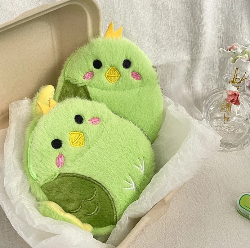 Porte-monnaie en peluche perroquet de dessin animé 14cm, pendentif oiseau mignon, sac à main en peluche pour fille, casque, rouge à lèvres, sac de rangement, pendentif, cadeaux pour enfants