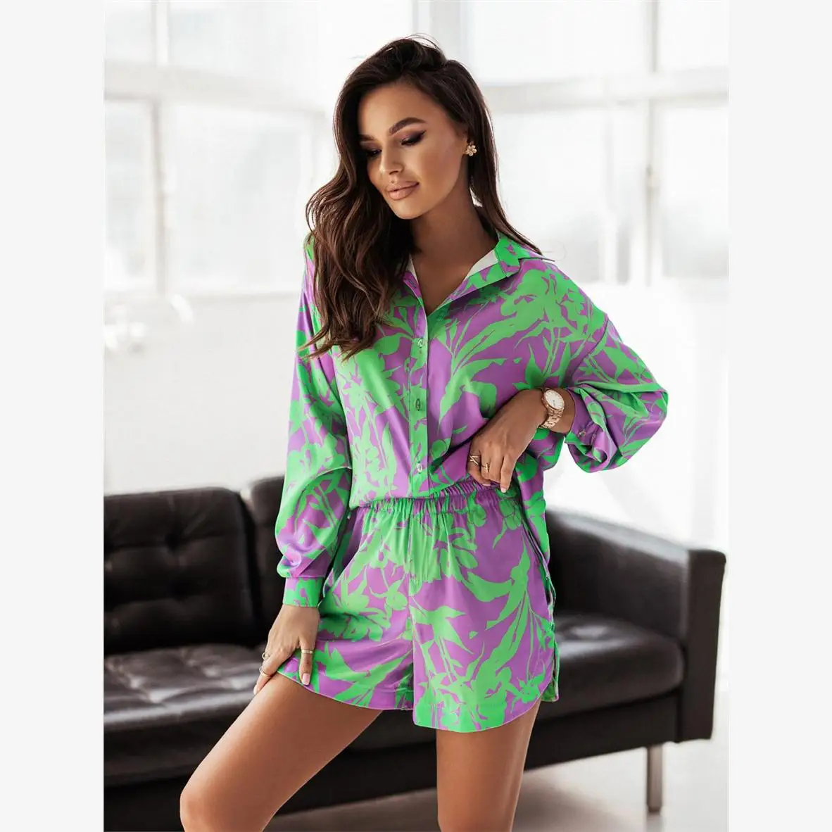 Summer  Loose Printed Shorts Casual Fashion Set Independent Station Cross-Border Women's Wish Holiday Style Polyester