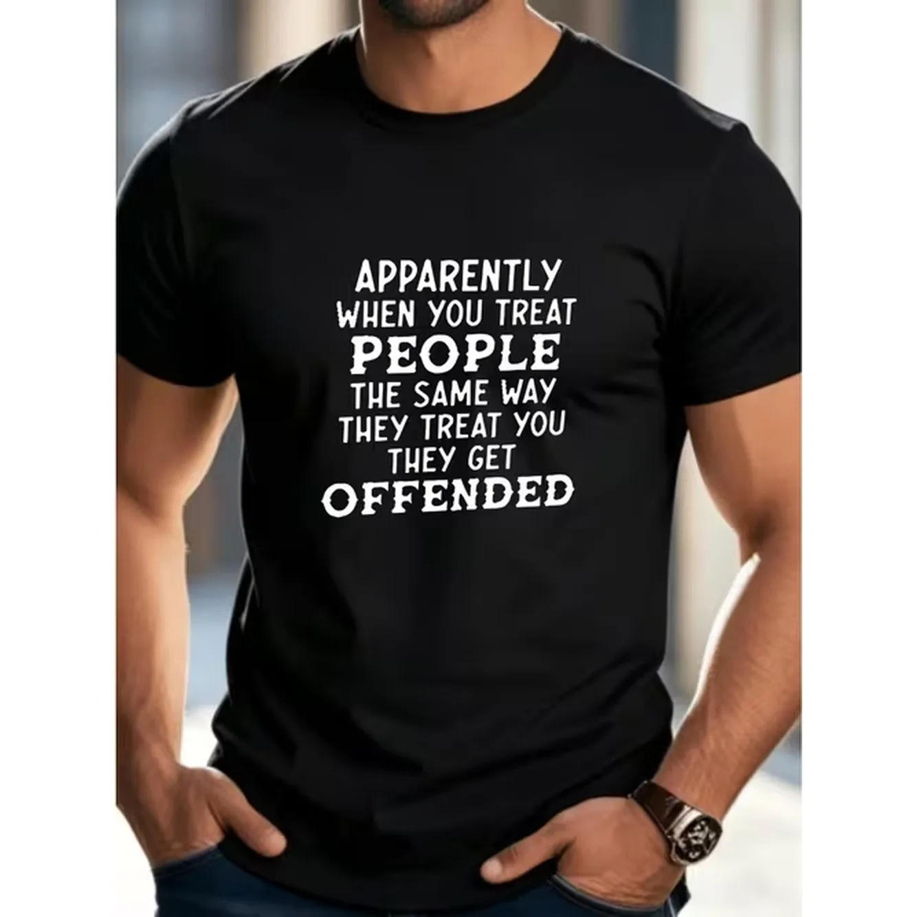 item picture mens funny statement t shirt with when you treat people way treat you get offended round neck short sleeve tee breathable summer top suitable for casual attire social commentary gifts