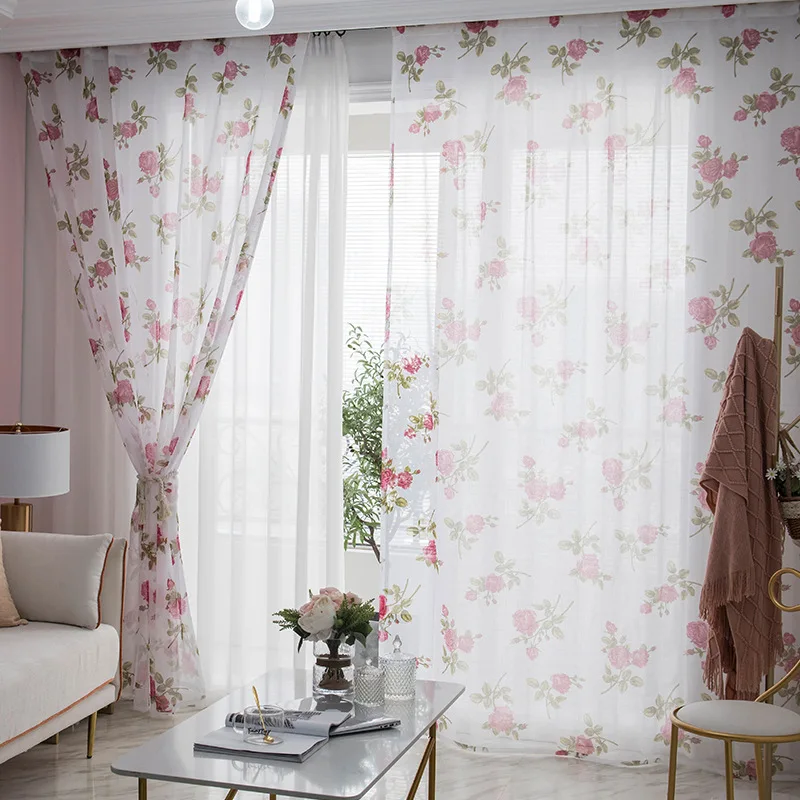 

Simple Rose Print White Tulle Screen Sheer Curtains for Living Room Bedroom Dining Window Decor Elegant European Luxury