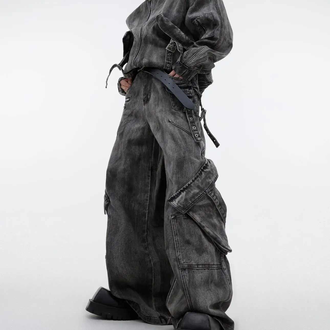 

Unisex Jeans Denim Jacket 206 Spring Men's Niche Retro Washed Denim Set Heavy Duty Zipper Pocket Cargo Jacket & Pants