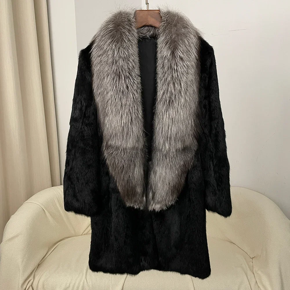 OFTBUY Fashion Real Rabbit Fur Coat 2024 Winter Coat Ladies Ladies Full Fur Coat Fur Medium Length Super Silver Fox Collar Coat