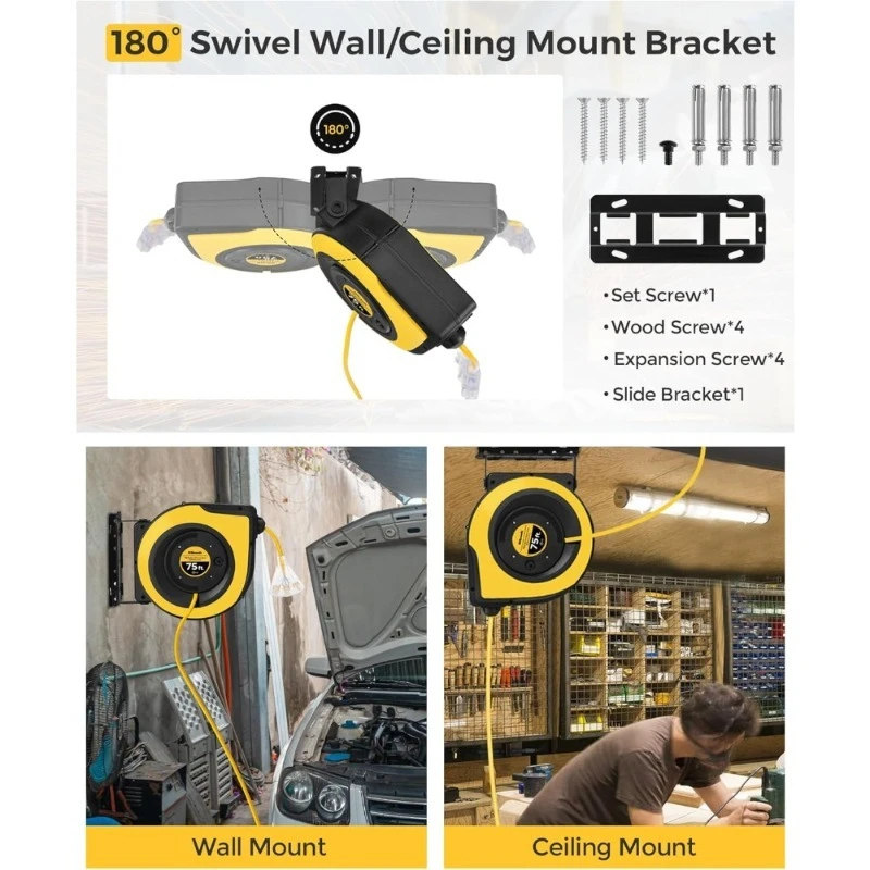 بكرة سلك تمديد قابلة للسحب 75 قدم شديدة التحمل 14AWG 3C SJTOW منفذ ثلاثي مع قاطع دائرة جدار سقف جبل UL #3