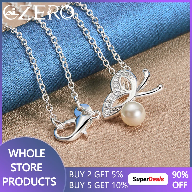 

ALIZERO 925 Sterling Silver Butterfly Pearl Pendant Necklace For Women Wedding Engagement Fashion Party Jewelry 40-75cm Chain